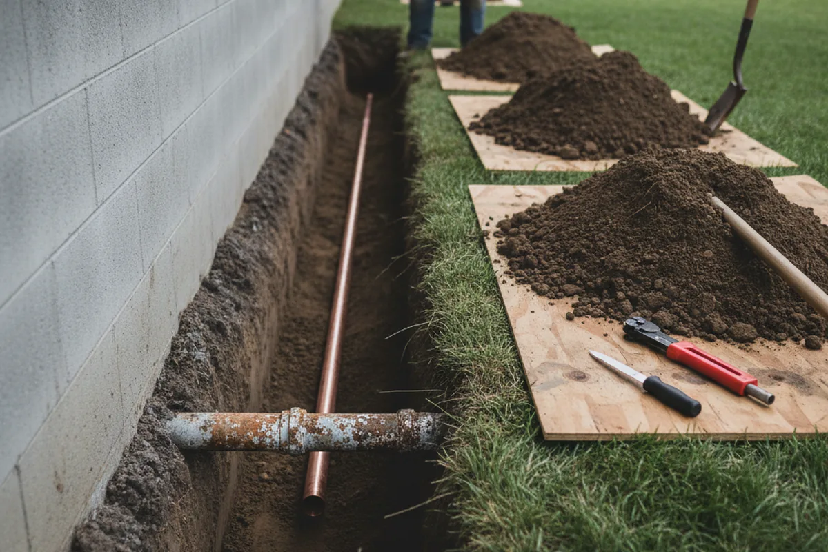Excavated water line trench during Water Heater Repair in Mequon